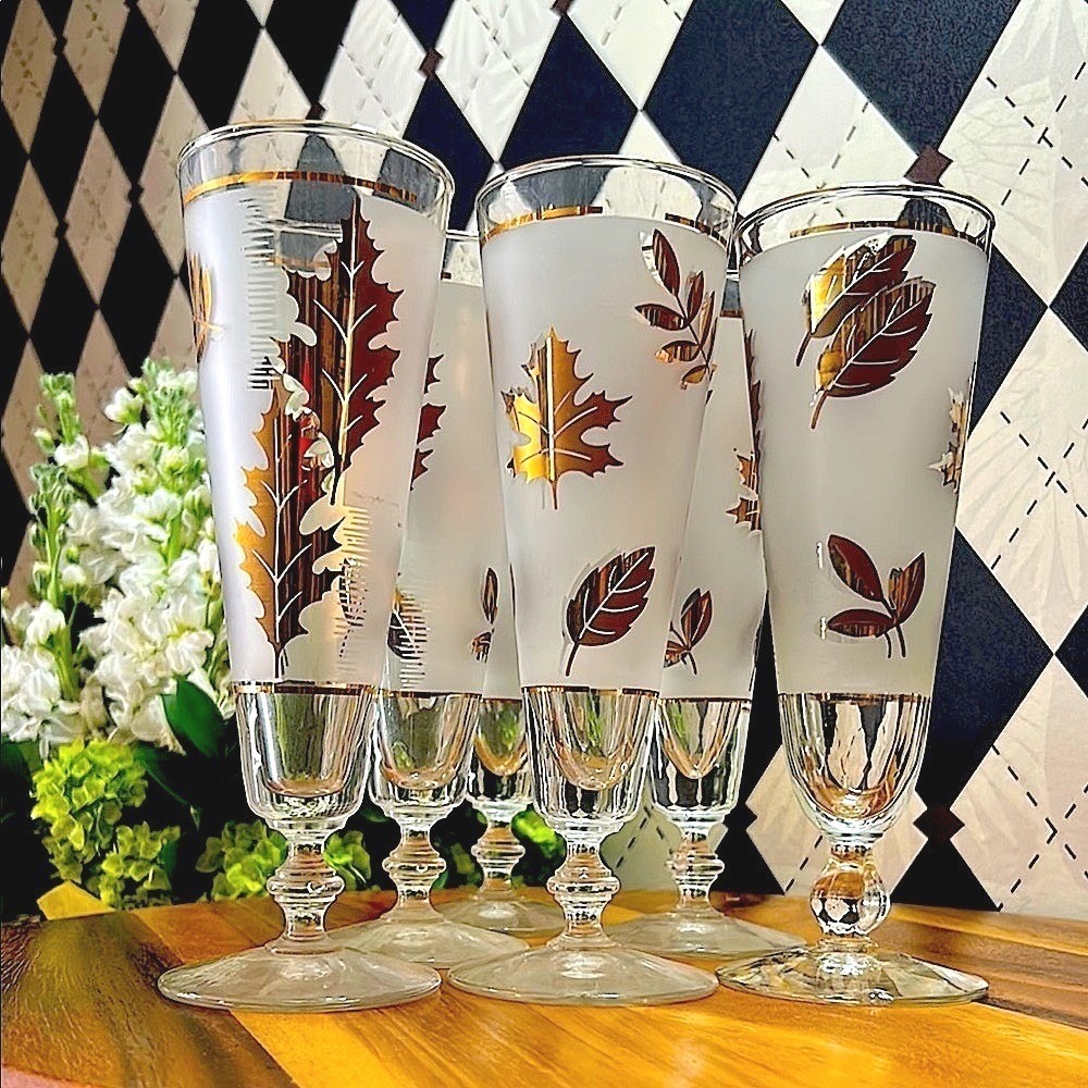 Libbey Pilsner Glasses Gold Foliage Mid-Century Barware Set of 6| Vintage Luxury